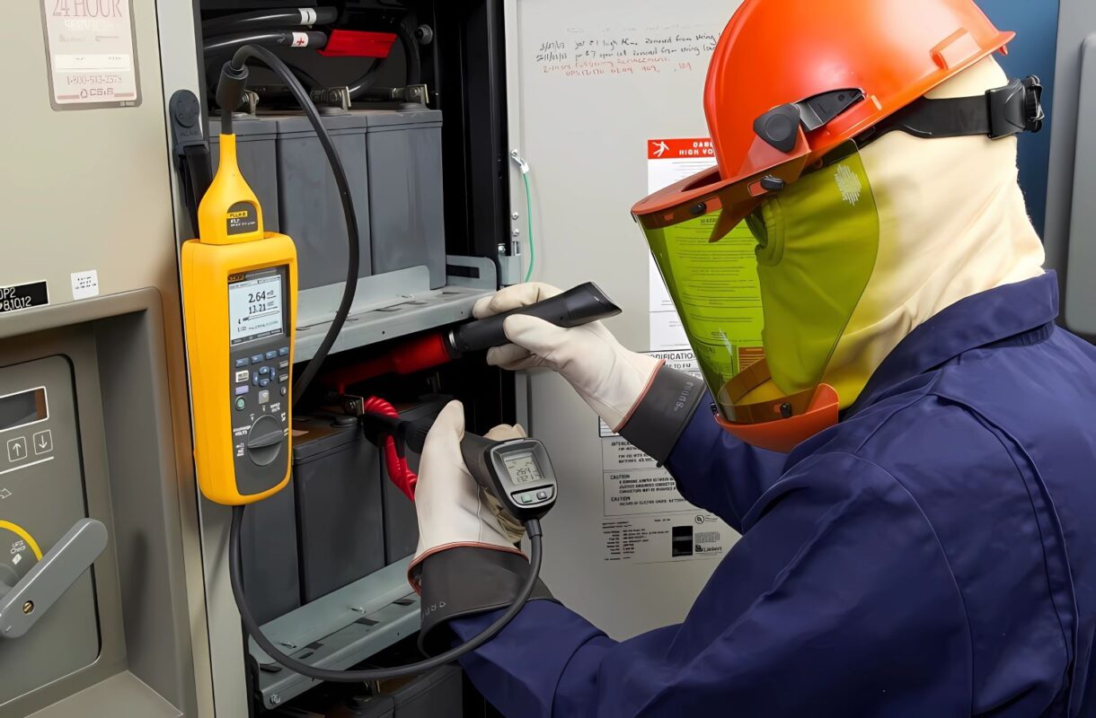 Técnico midiendo voltaje y resistencia de barras interceldas en prueba de descarga